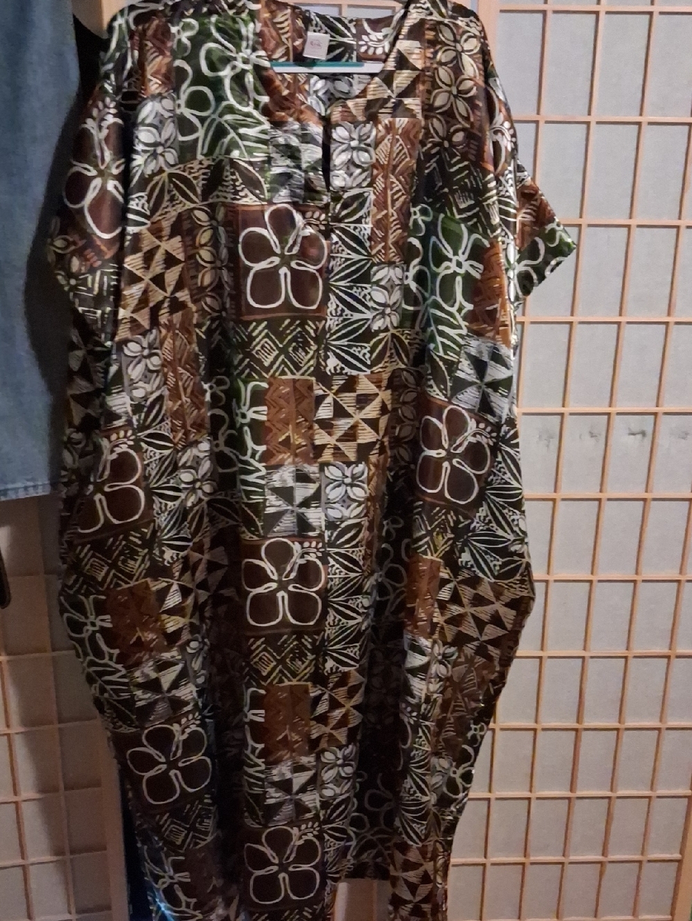 Tropical Patchwork Print Tunic Dress in Olive, Brown & White